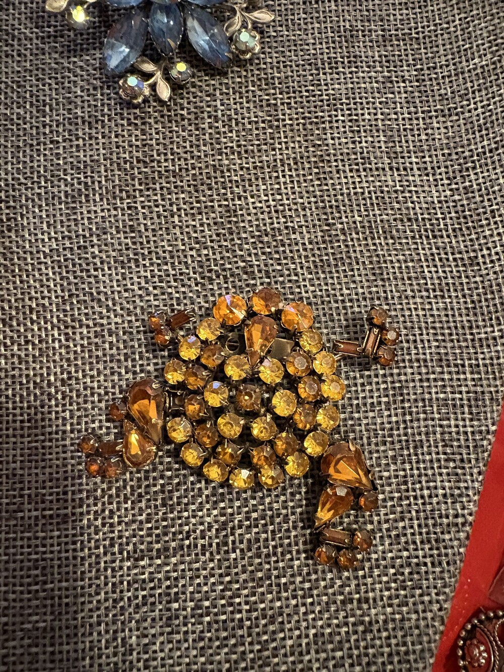Vintage Amber and Blue Rhinestone Frog Brooch